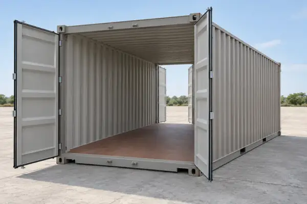 Ilustración de un contenedor de 20 pies doble puerta nuevo con ambos extremos abiertos y los costados cerrados