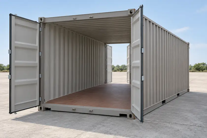 Ilustración exterior de un contenedor de 20 pies doble puerta con los dos extremos cortos abiertos, costado largo cerrado y luz al fondo del interior