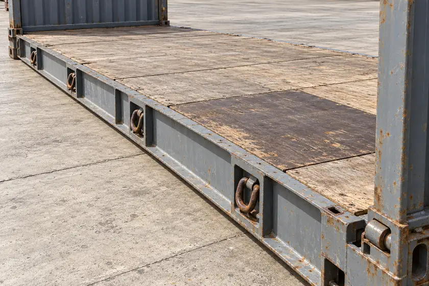 Ilustración detallada del piso de madera usado, un larguero de acero, anillos laterales de amarre y la articulación inferior de un testero de Flat Rack