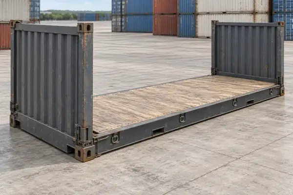 Ilustración de un Flat Rack de 20 pies usado con la plataforma expuesta, sin paredes laterales ni techo