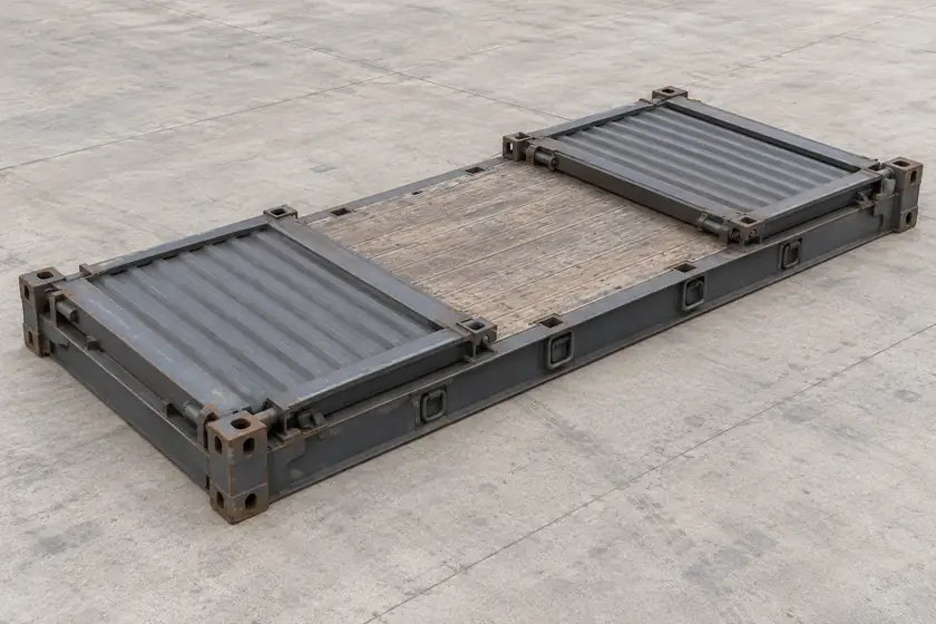 Ilustración de un Flat Rack de 20 pies vacío con ambos testeros abatidos hacia el interior sobre la plataforma, manteniendo sus uniones a la base