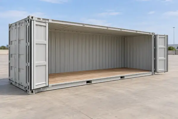 Ilustración de un Open Side de 20 pies nuevo con las puertas del costado plegadas y el techo rígido