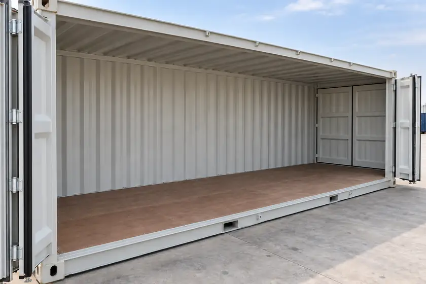 Ilustración del interior de un Open Side de 20 pies desde el lateral, con piso de madera, techo metálico fijo, pared opuesta cerrada y puertas en el extremo