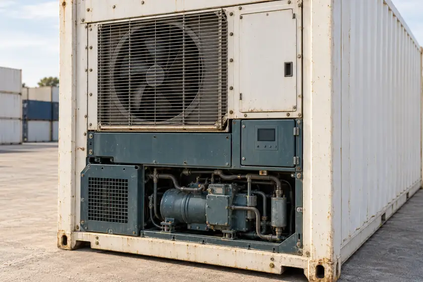Ilustración del extremo frigorífico de un reefer usado: rejilla del ventilador, controlador con pantalla apagada y compartimiento mecánico inferior