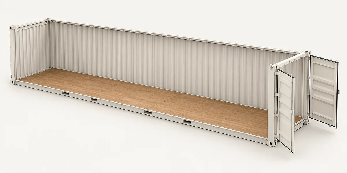 Ilustración en perspectiva de un contenedor High Cube de 40 pies, con techo y pared lateral retirados para mostrar su mayor altura interior.