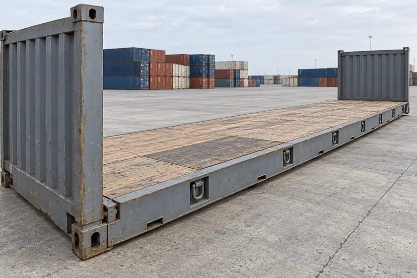 Ilustración de la larga superficie de madera de un Flat Rack de 40 pies, con cambios de panel, un larguero reforzado, anillos laterales y la articulación del extremo cercano