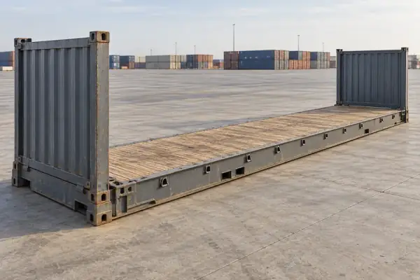 Ilustración de un Flat Rack de 40 pies usado, con plataforma larga y testeros en los extremos