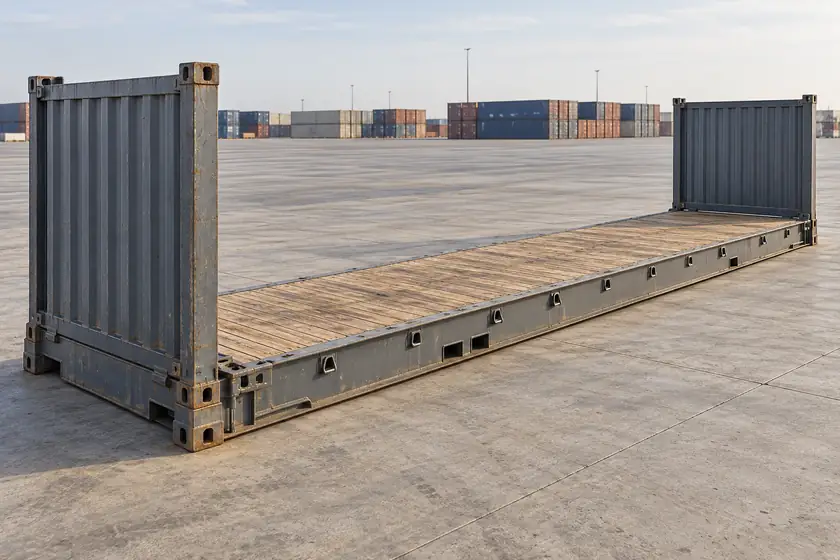 Ilustración de un Flat Rack estándar de 40 pies usado, con plataforma larga de madera, dos testeros levantados y vigas laterales de acero con anclajes