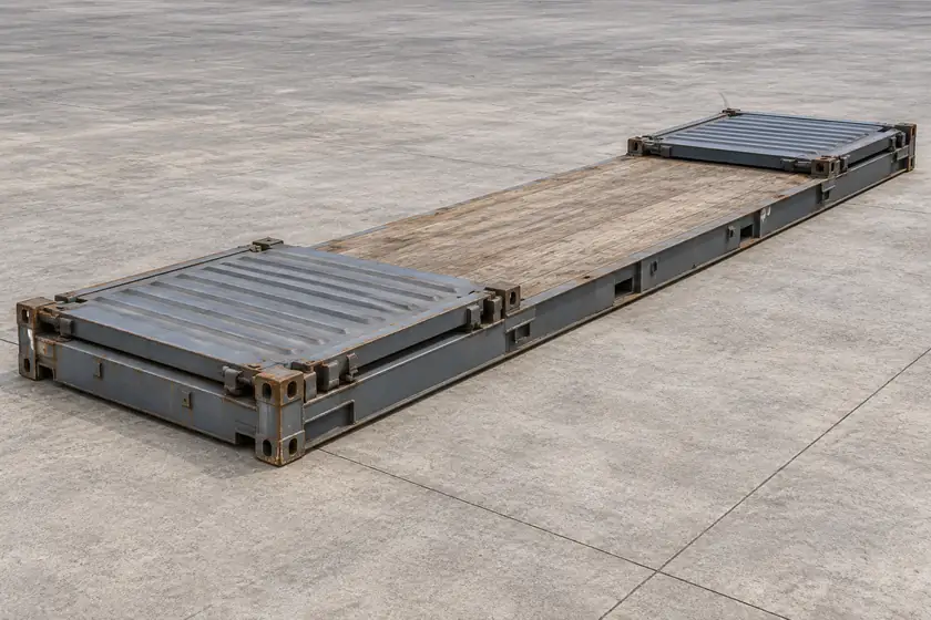 Ilustración de un Flat Rack de 40 pies con ambos testeros replegados hacia dentro, conservando una gran zona central de madera descubierta y la base completa