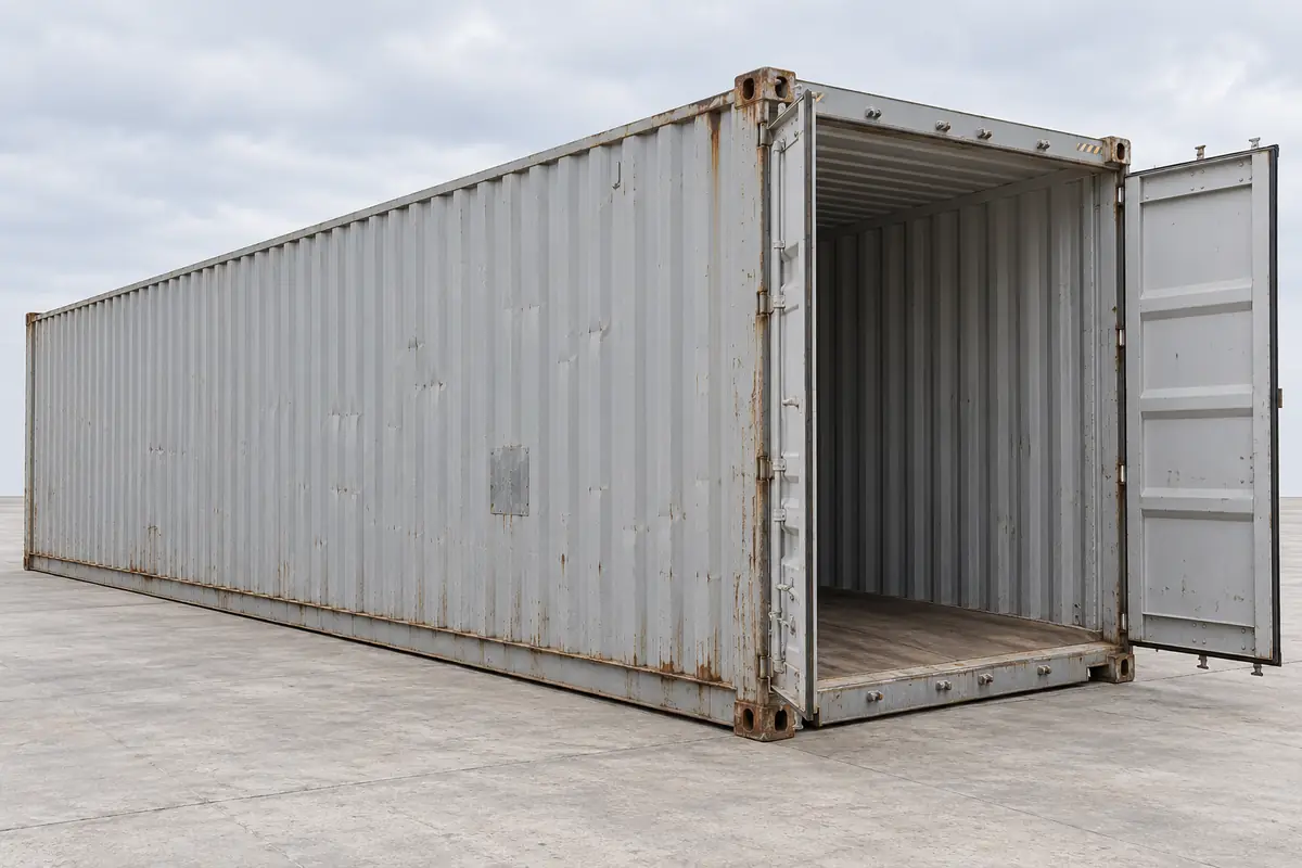 Ilustración de un contenedor seco de 40 pies High Cube usado, con marcas de servicio y puertas de carga abiertas