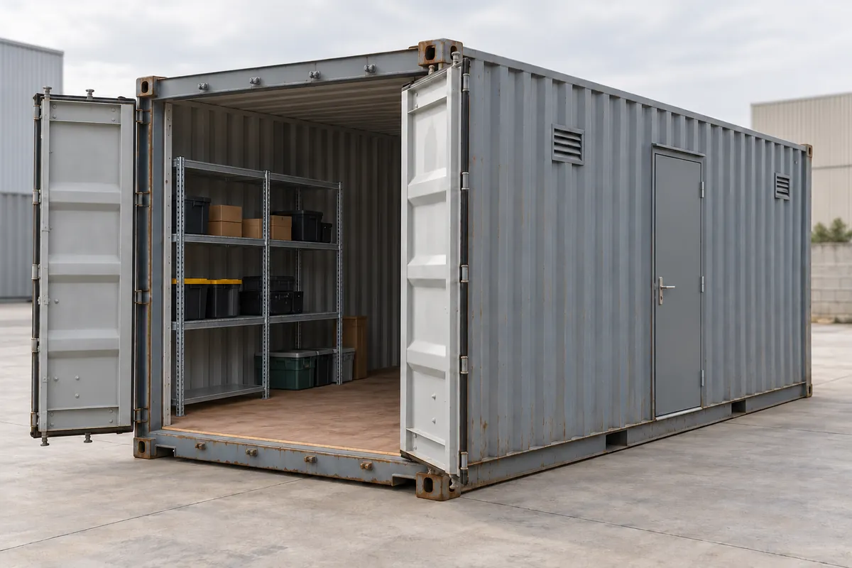 Ilustración de un contenedor acondicionado como bodega con puertas de carga abiertas y acceso peatonal lateral