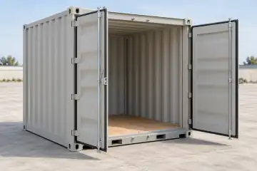 Ilustración de un contenedor compacto de 10 pies nuevo con puertas abiertas y piso visible