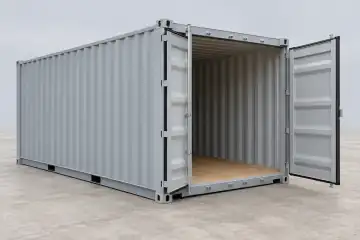 Ilustración de un contenedor de 20 pies de un solo viaje con pintura conservada y puertas abiertas