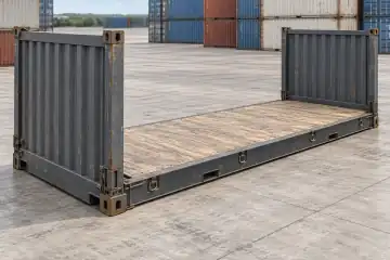 Ilustración de un Flat Rack de 20 pies usado con plataforma sin techo ni paredes laterales