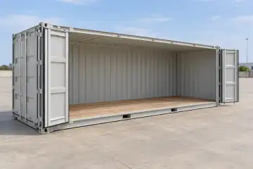 Ilustración de un Open Side de 20 pies nuevo con las puertas laterales abiertas y techo rígido
