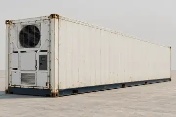 Ilustración de un contenedor refrigerado de 40 pies High Cube usado con cámara larga y maquinaria frontal