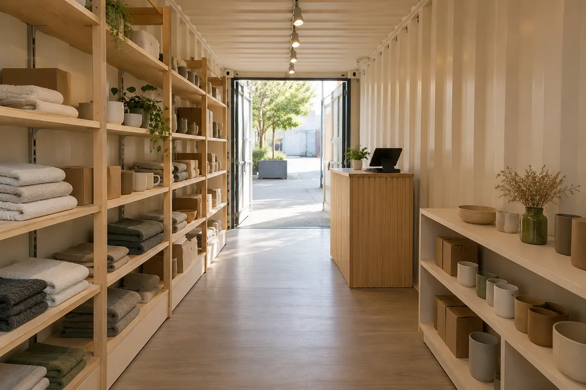 Ilustración de una tienda dentro de un contenedor con exhibidores, punto de cobro y paso interior visible