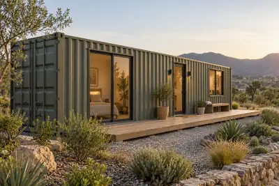 Ilustración conceptual de una casa contenedor con espacio exterior